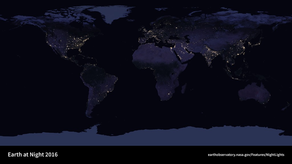 Earth at night in 2016: NASA's Black Marble composite, from the VIIRS instrument aboard the Suomi NPP satellite