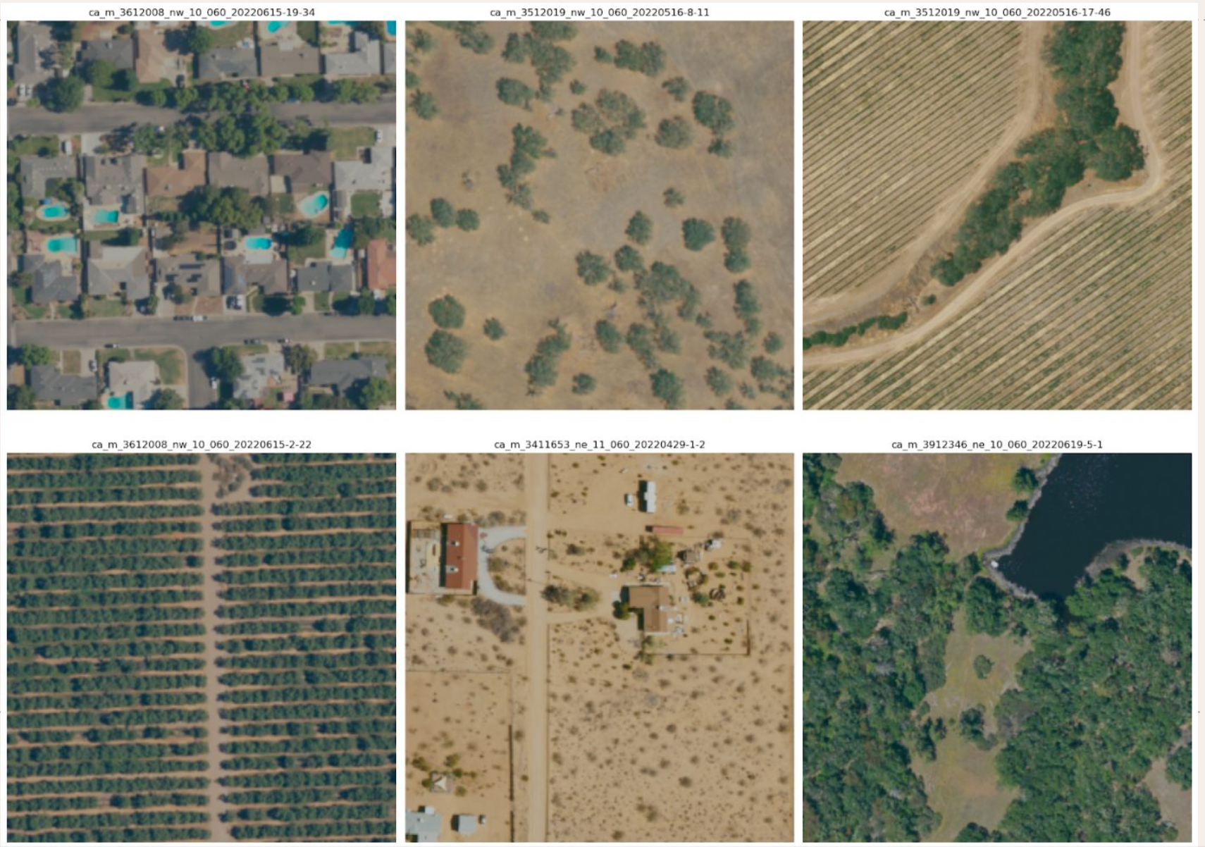 Different images from space: suburban, agriculture, forests, lakes